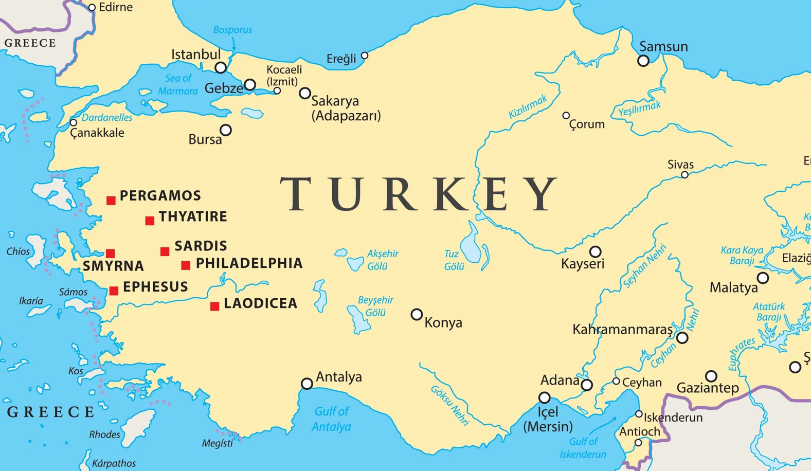 Seven Churches Revelation map Turkey